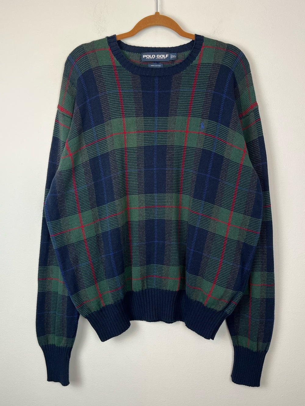 Vintage Polo Golf Ralph Lauren Plaid Cotton Crew Neck Sweater XL